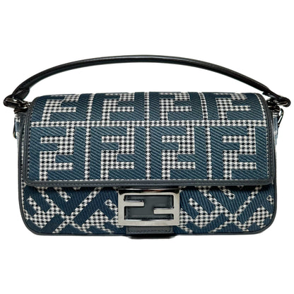 Fendi Anthracite Grigio Houndstooth FF Logo Embroidered Baguette
