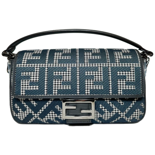 Fendi Anthracite Grigio Houndstooth FF Logo Embroidered Baguette