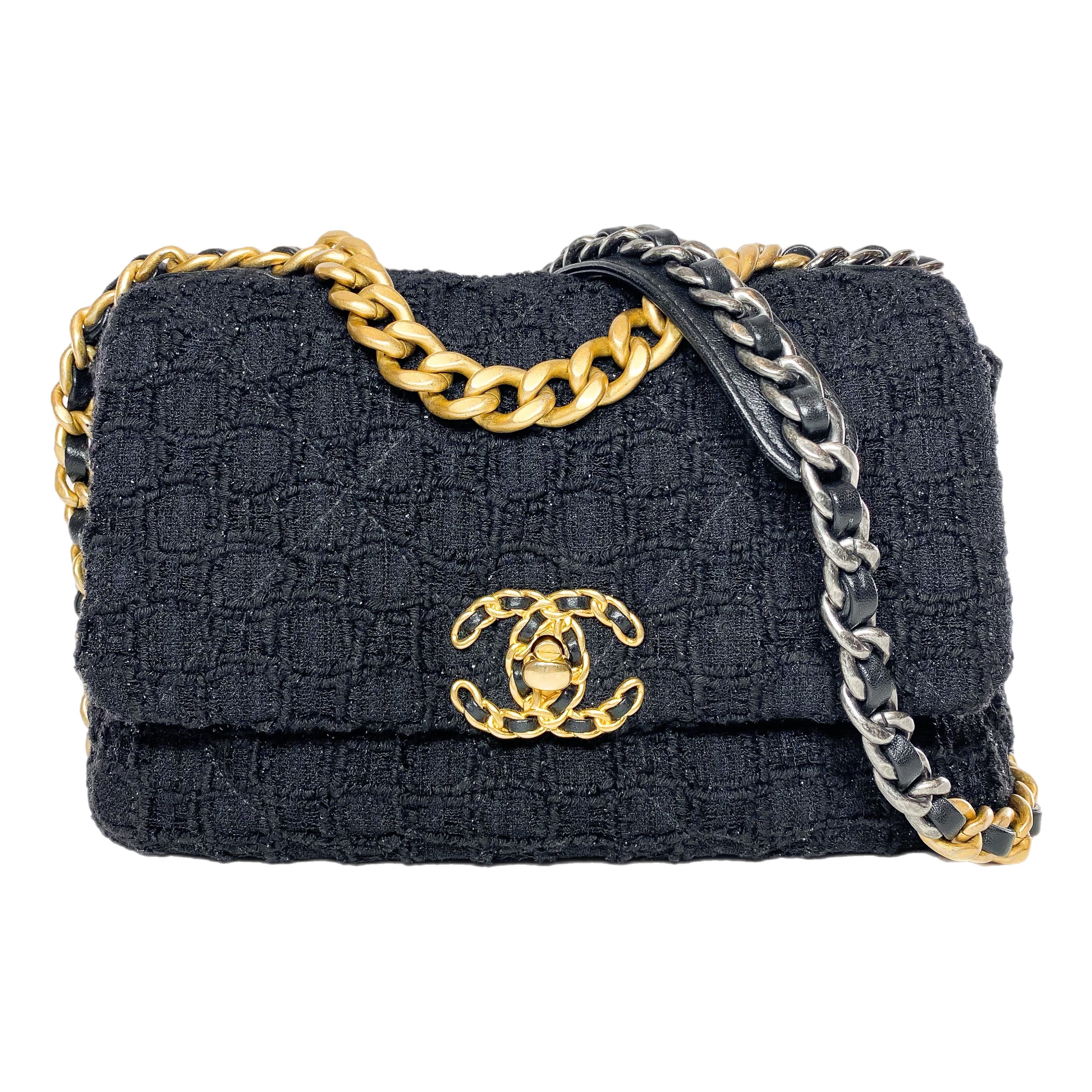 Chanel 19 Black Sparkle Tweed Medium Flap Bag