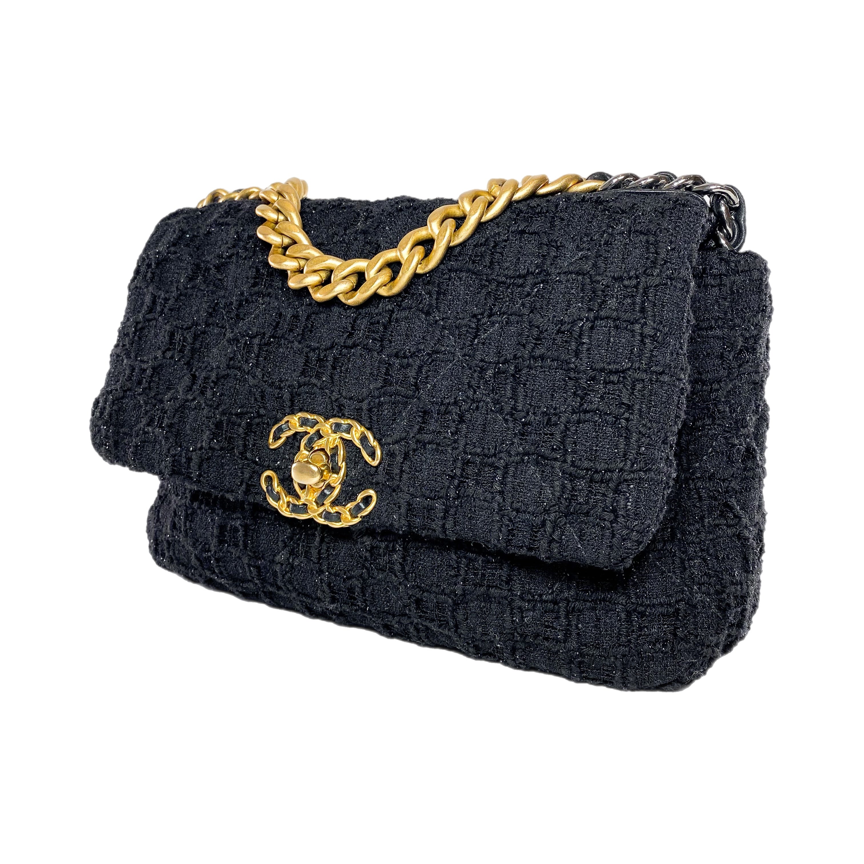 Chanel 19 Black Sparkle Tweed Medium Flap Bag