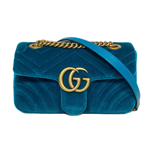 Gucci Petrol Blue Velvet Mini Marmont Pavone Shoulder Bag