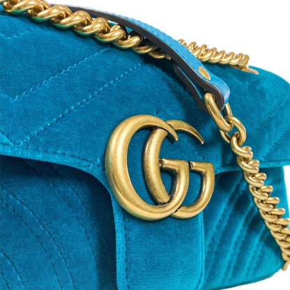 Gucci Petrol Blue Velvet Mini Marmont Pavone Shoulder Bag