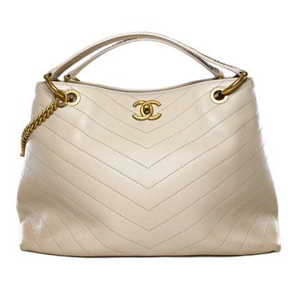 Chanel Beige Chevron Snakeskin Handle Chic Shopping Tote