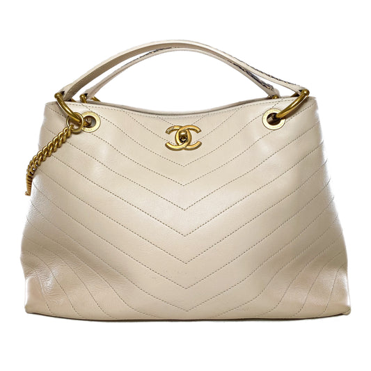 Chanel Beige Chevron Snakeskin Handle Chic Shopping Tote
