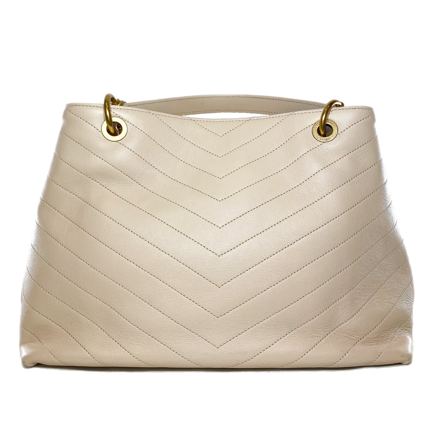 Chanel Beige Chevron Snakeskin Handle Chic Shopping Tote