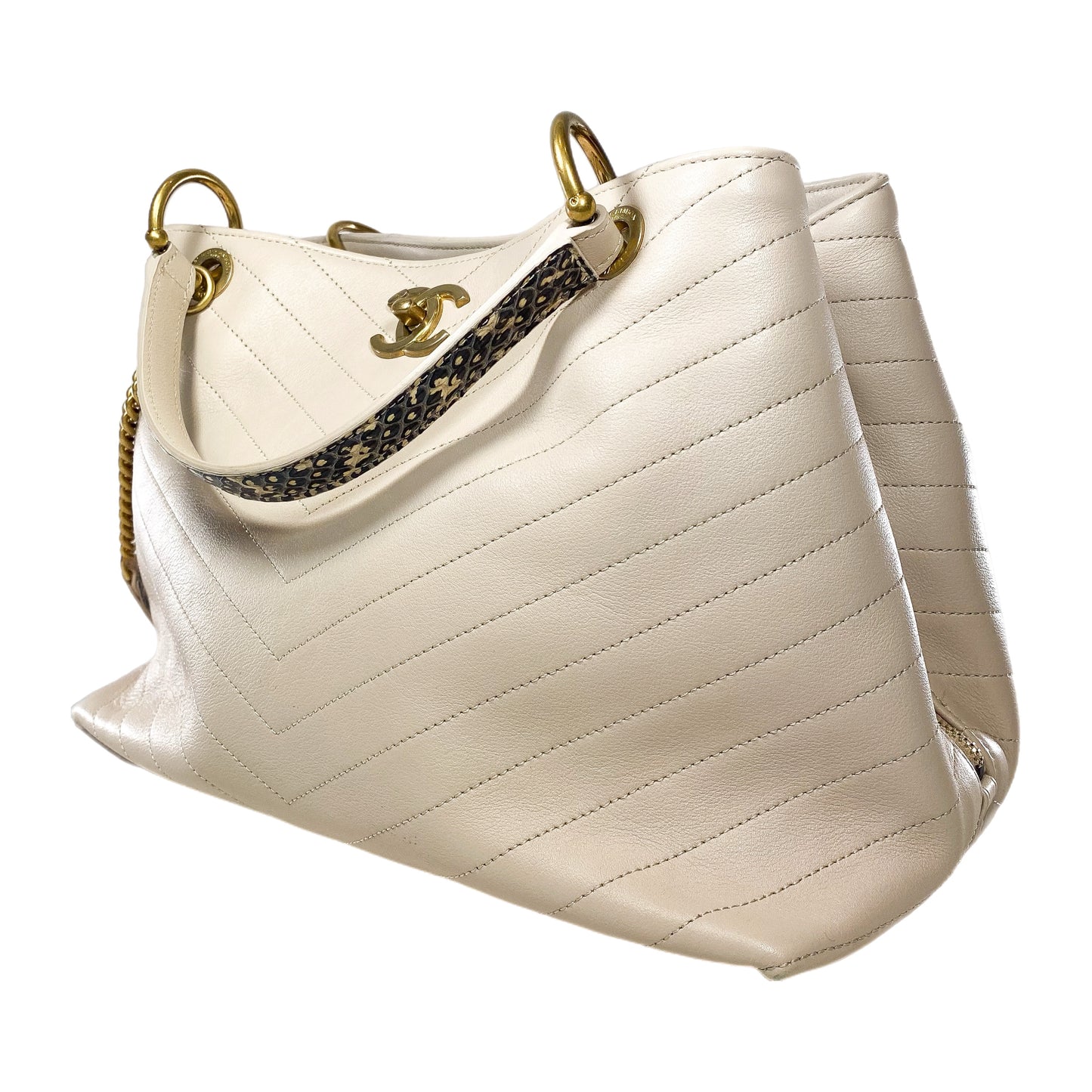 Chanel Beige Chevron Snakeskin Handle Chic Shopping Tote
