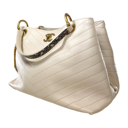 Chanel Beige Chevron Snakeskin Handle Chic Shopping Tote