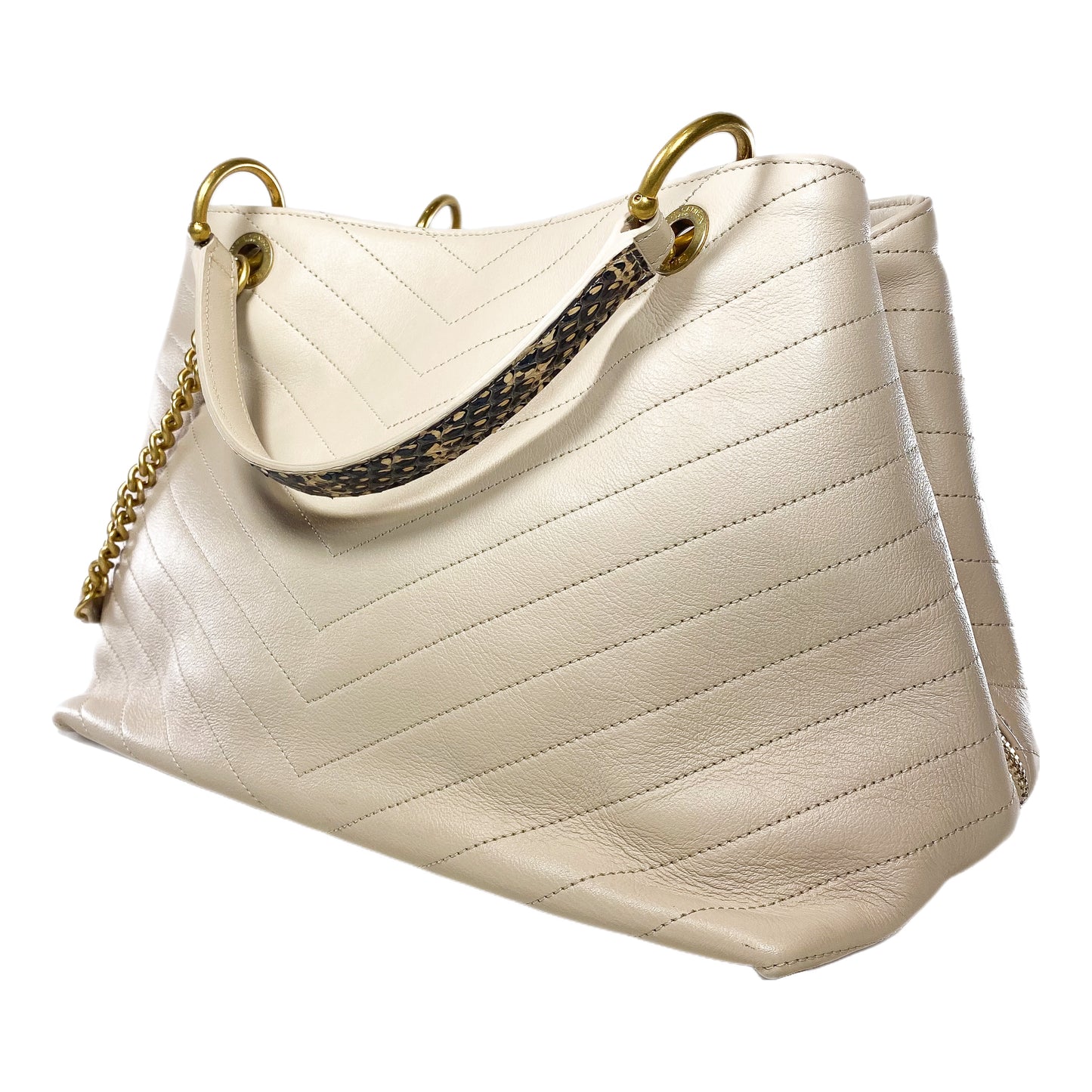 Chanel Beige Chevron Snakeskin Handle Chic Shopping Tote