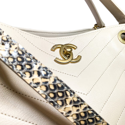 Chanel Beige Chevron Snakeskin Handle Chic Shopping Tote