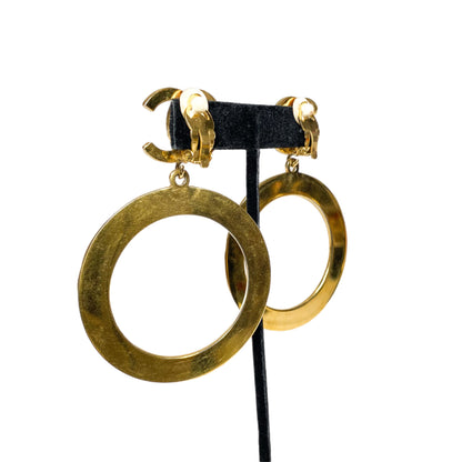 Chanel Gold CC Circle Vintage Drop Clip On Earrings