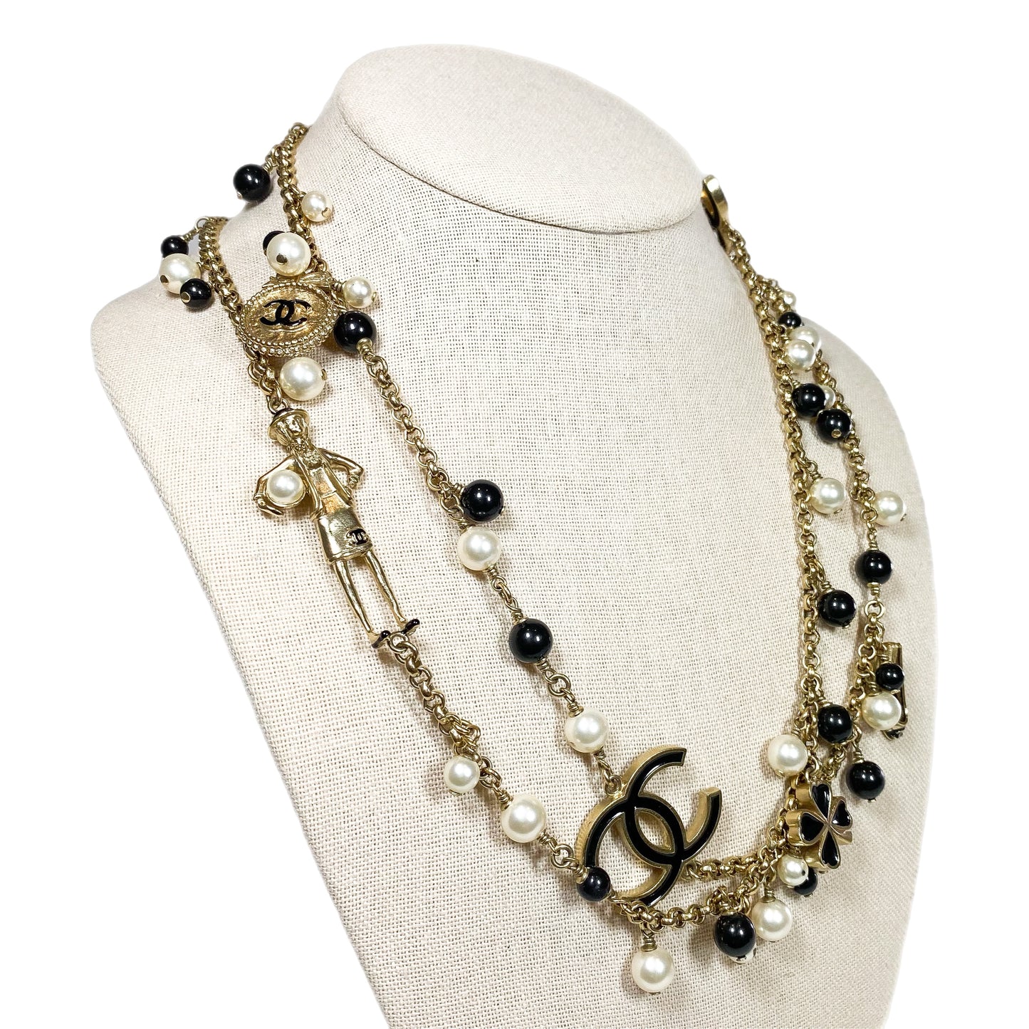 Chanel Black Gold Pearl Beaded Enamel CC Coco Long Necklace