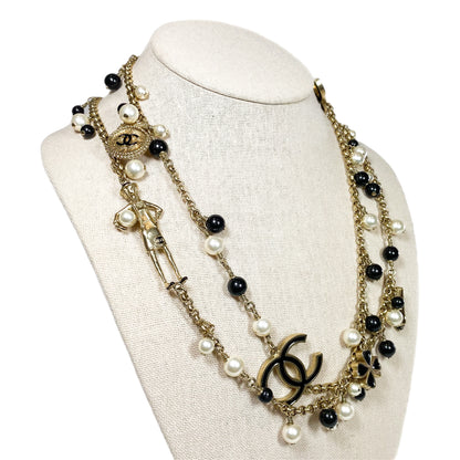 Chanel Black Gold Pearl Beaded Enamel CC Coco Long Necklace