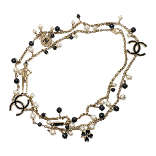 Chanel Black Gold Pearl Beaded Enamel CC Coco Long Necklace