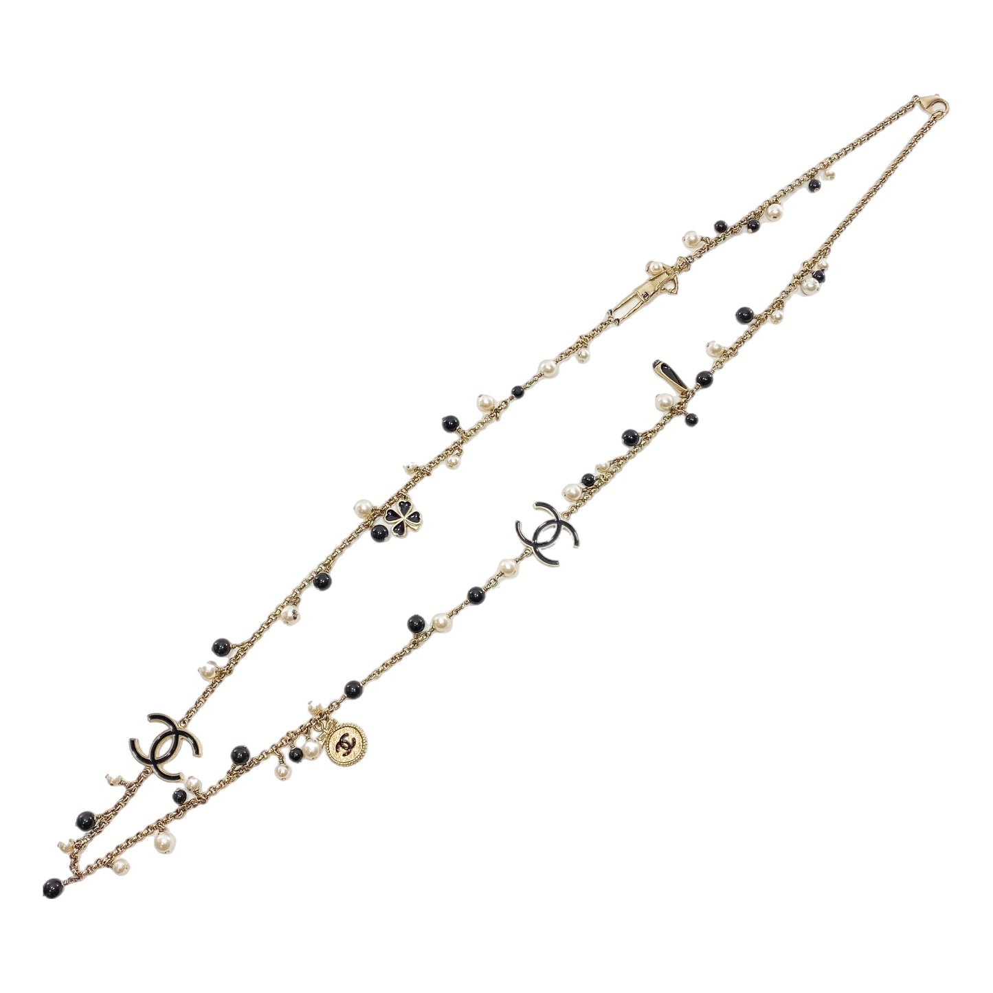 Chanel Black Gold Pearl Beaded Enamel CC Coco Long Necklace