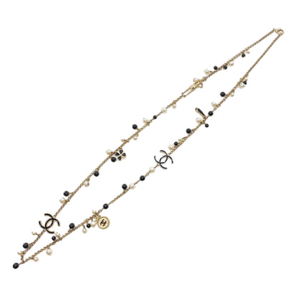 Chanel Black Gold Pearl Beaded Enamel CC Coco Long Necklace