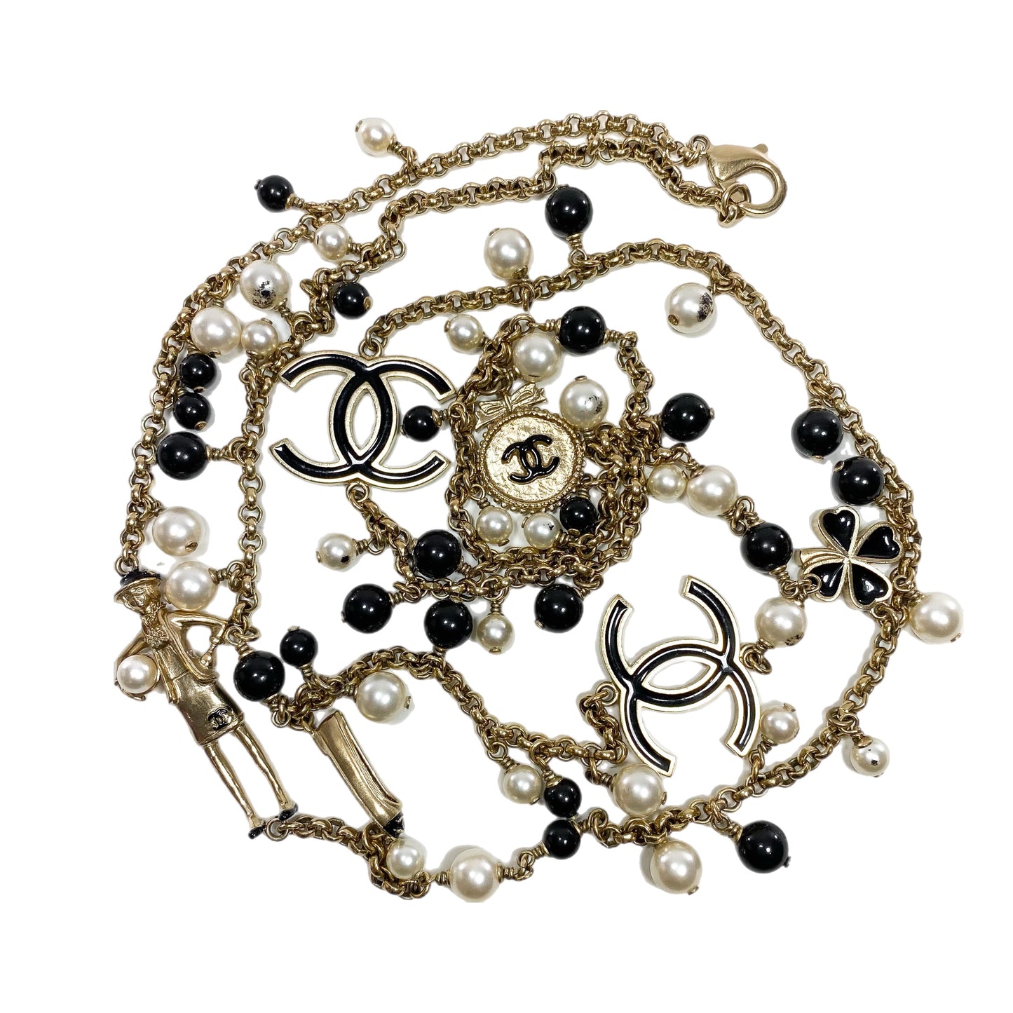 Chanel Black Gold Pearl Beaded Enamel CC Coco Long Necklace