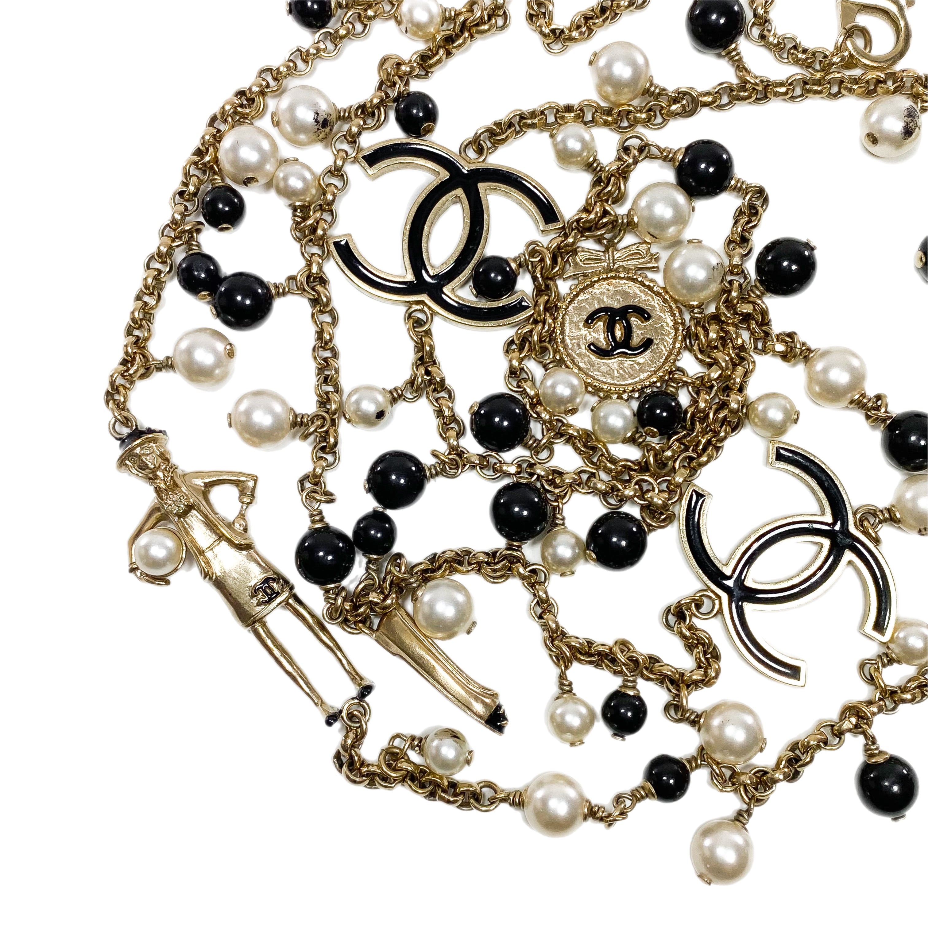 Chanel Black Gold Pearl Beaded Enamel CC Coco Long Necklace
