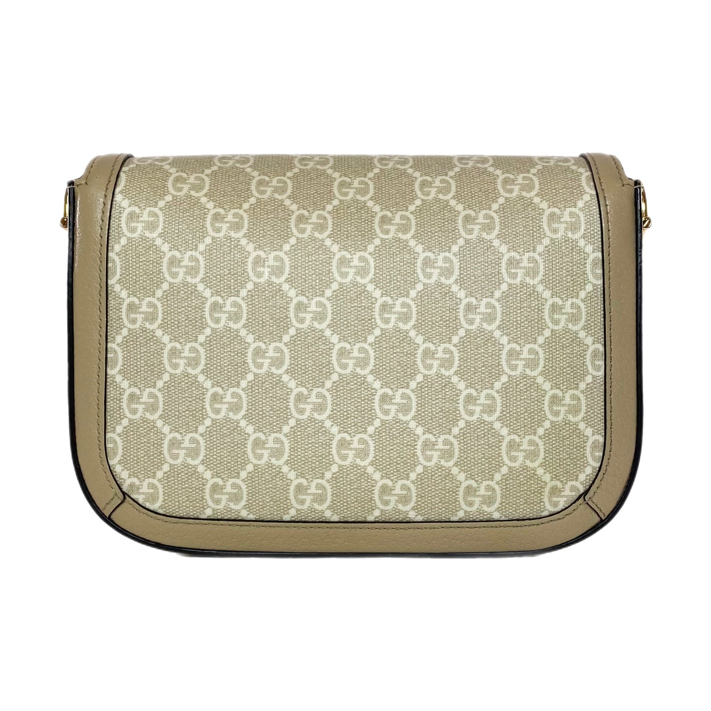 Gucci Supreme Monogram Textured Dollar Calfskin Web Mini Horsebit 1955 Beige Mystic White Oatmeal Shoulder Bag
