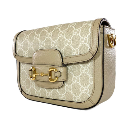 Gucci Supreme Monogram Textured Dollar Calfskin Web Mini Horsebit 1955 Beige Mystic White Oatmeal Shoulder Bag