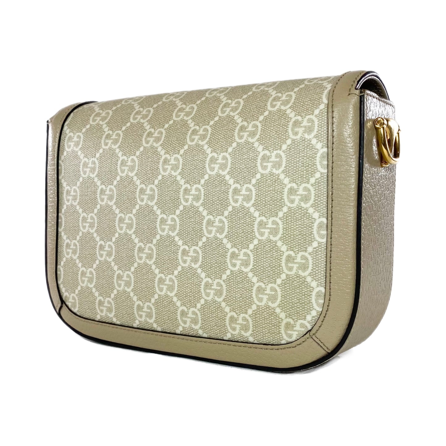 Gucci Supreme Monogram Textured Dollar Calfskin Web Mini Horsebit 1955 Beige Mystic White Oatmeal Shoulder Bag