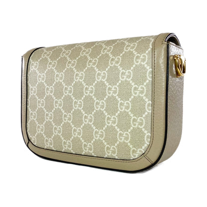 Gucci Supreme Monogram Textured Dollar Calfskin Web Mini Horsebit 1955 Beige Mystic White Oatmeal Shoulder Bag