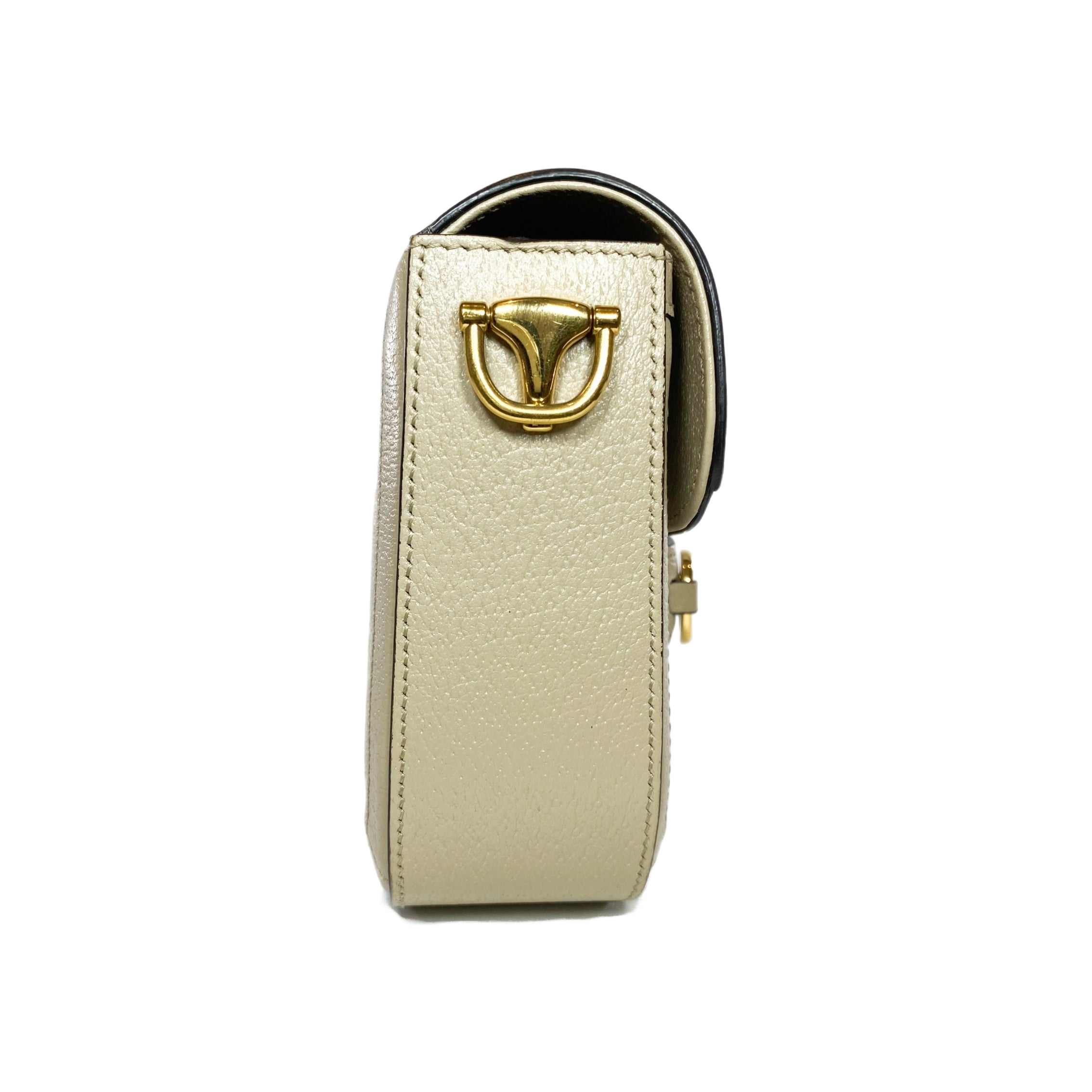 Gucci Supreme Monogram Textured Dollar Calfskin Web Mini Horsebit 1955 Beige Mystic White Oatmeal Shoulder Bag