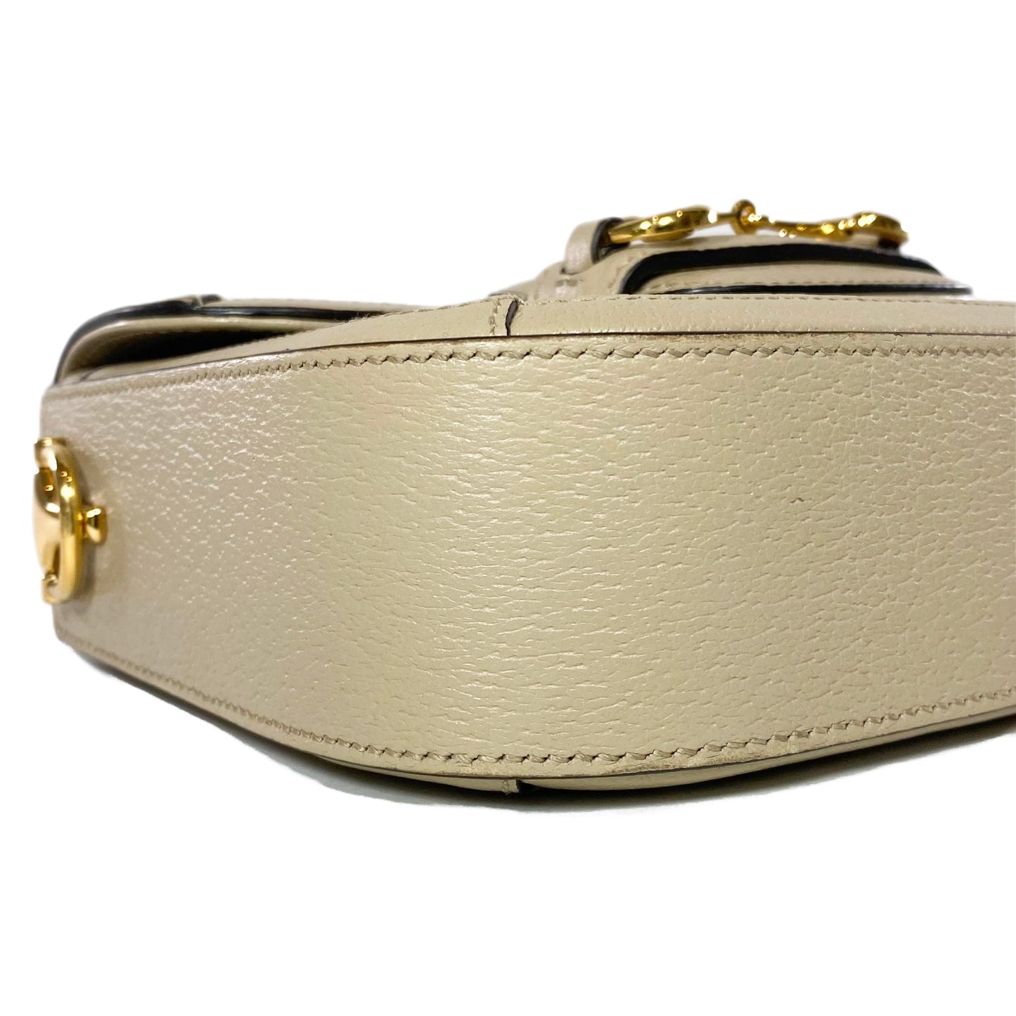 Gucci Supreme Monogram Textured Dollar Calfskin Web Mini Horsebit 1955 Beige Mystic White Oatmeal Shoulder Bag