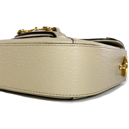 Gucci Supreme Monogram Textured Dollar Calfskin Web Mini Horsebit 1955 Beige Mystic White Oatmeal Shoulder Bag