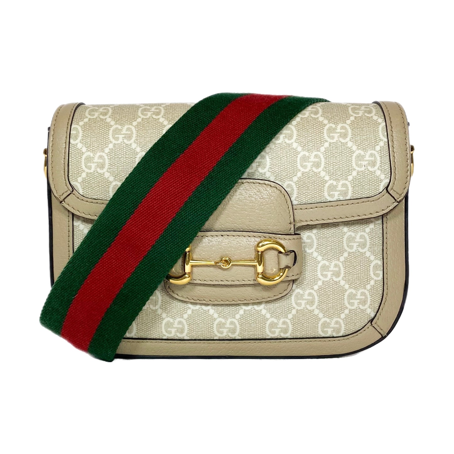 Gucci Supreme Monogram Textured Dollar Calfskin Web Mini Horsebit 1955 Beige Mystic White Oatmeal Shoulder Bag