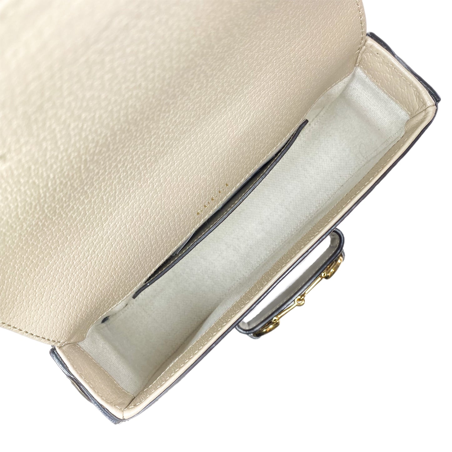 Gucci Supreme Monogram Textured Dollar Calfskin Web Mini Horsebit 1955 Beige Mystic White Oatmeal Shoulder Bag