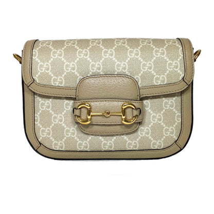 Gucci Supreme Monogram Textured Dollar Calfskin Web Mini Horsebit 1955 Beige Mystic White Oatmeal Shoulder Bag