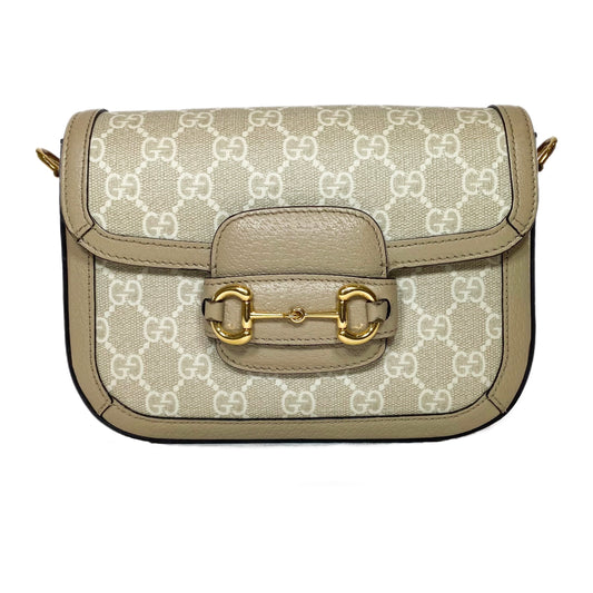 Gucci Supreme Monogram Textured Dollar Calfskin Web Mini Horsebit 1955 Beige Mystic White Oatmeal Shoulder Bag
