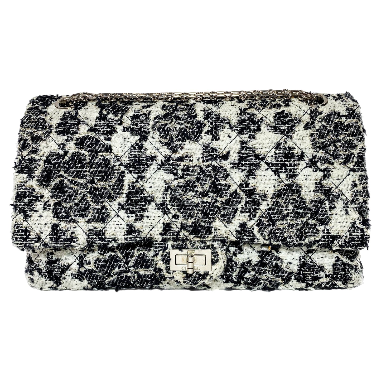 Chanel 2.55 Reissue 226 Black White Tweed Camellia Flap Bag