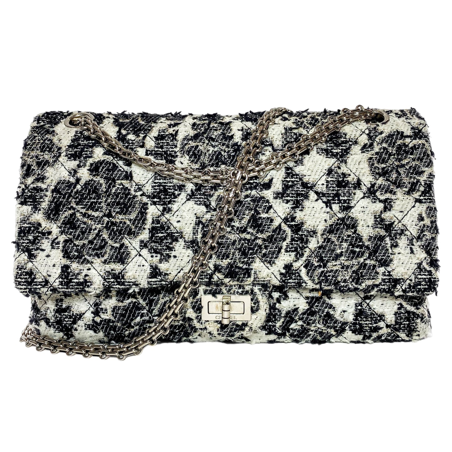 Chanel 2.55 Reissue 226 Black White Tweed Camellia Flap Bag