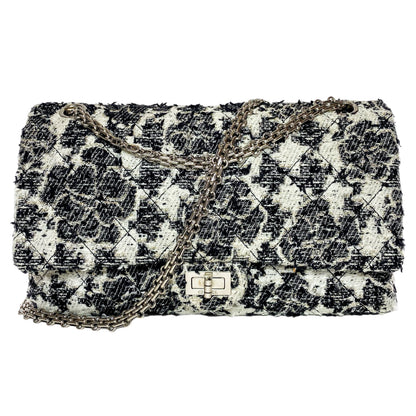Chanel 2.55 Reissue 226 Black White Tweed Camellia Flap Bag