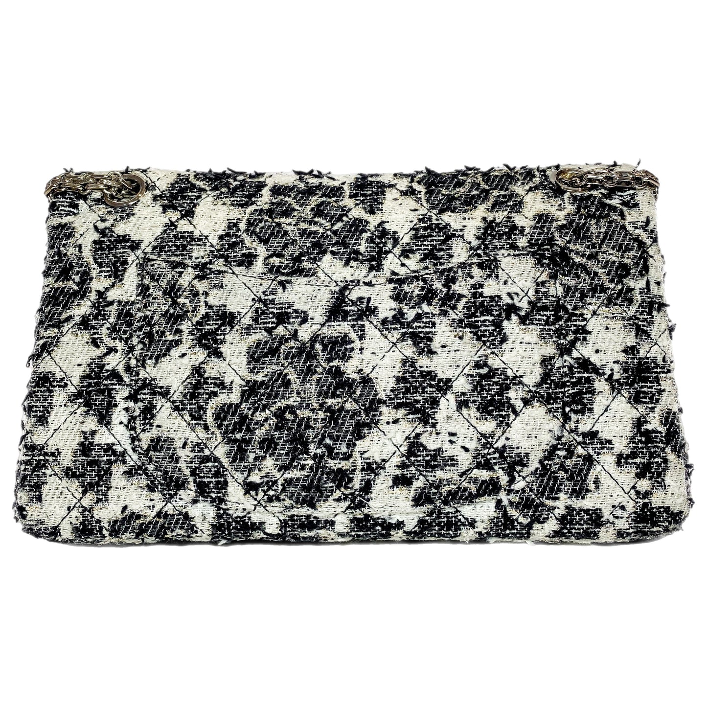 Chanel 2.55 Reissue 226 Black White Tweed Camellia Flap Bag