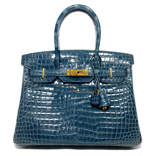Hermes Birkin 30 Blue Tempete Porosus Crocodile Gold Hardware