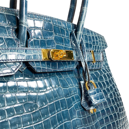 Hermes Birkin 30 Blue Tempete Porosus Crocodile Gold Hardware
