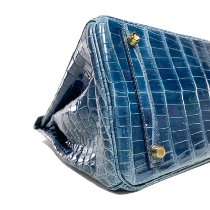 Hermes Birkin 30 Blue Tempete Porosus Crocodile Gold Hardware