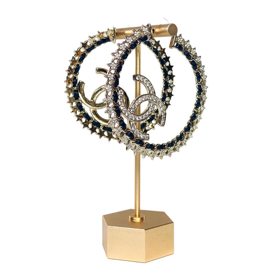 Chanel Light Gold and Black Woven Crystal Pierced Hoops