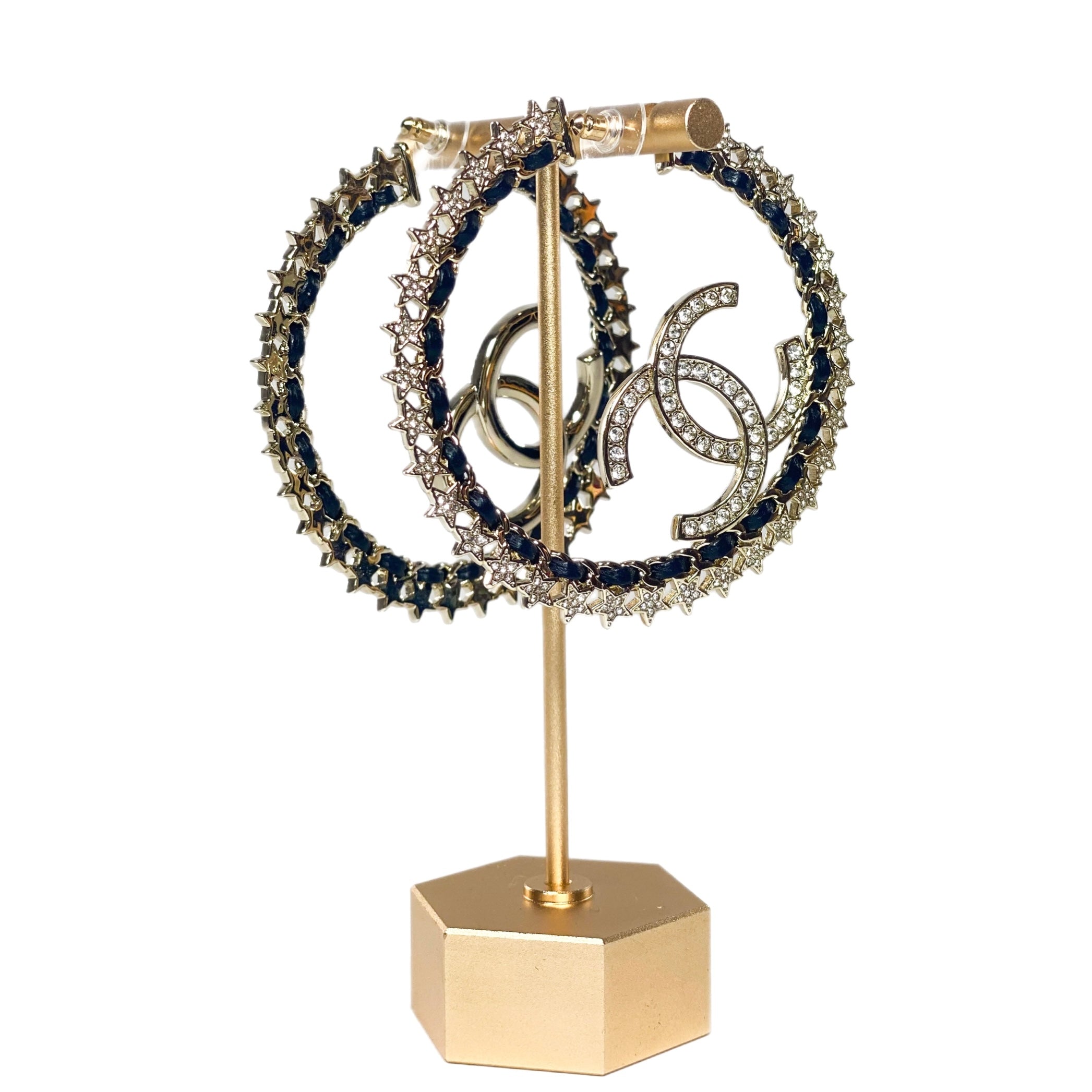 Chanel Light Gold and Black Woven Crystal Pierced Hoops