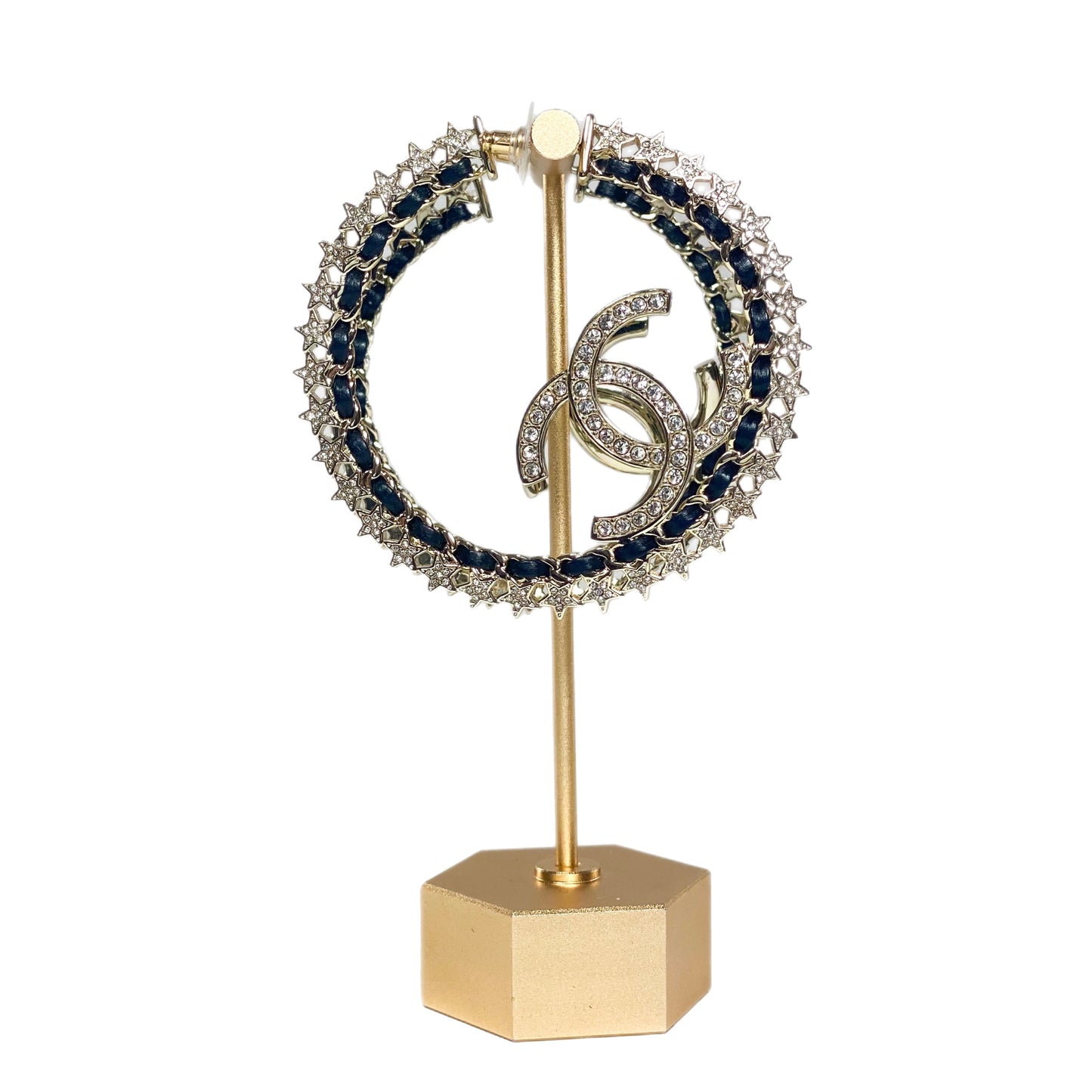 Chanel Light Gold and Black Woven Crystal Pierced Hoops