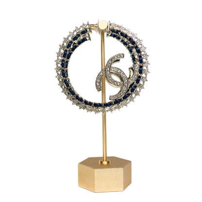 Chanel Light Gold and Black Woven Crystal Pierced Hoops