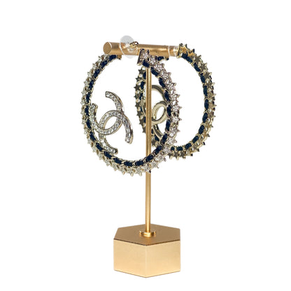 Chanel Light Gold and Black Woven Crystal Pierced Hoops