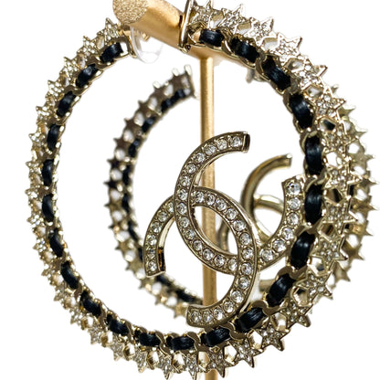 Chanel Light Gold and Black Woven Crystal Pierced Hoops