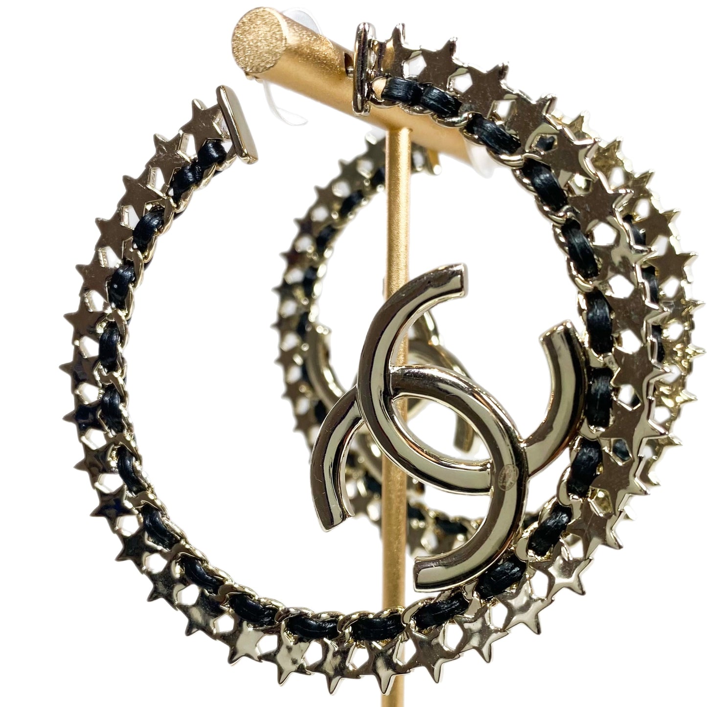 Chanel Light Gold and Black Woven Crystal Pierced Hoops