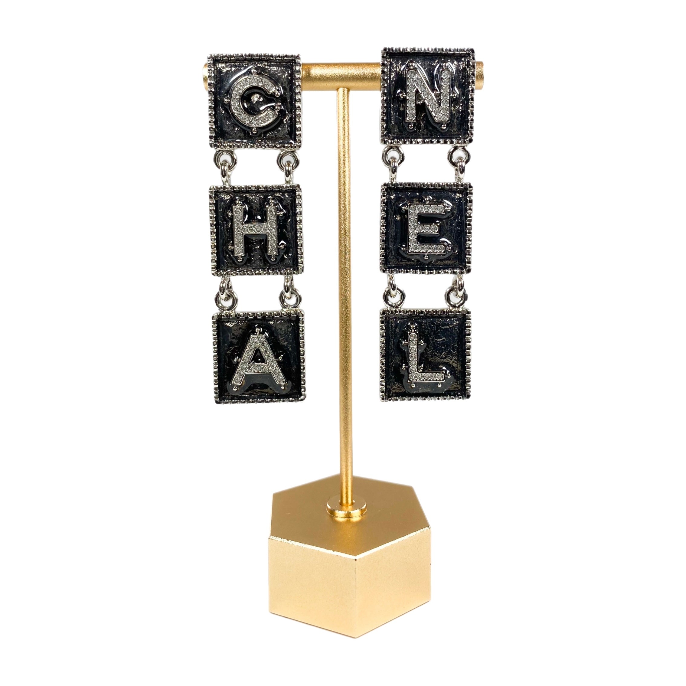 Chanel Silver Metal Tile Pierced Drop Earrings with Crystals