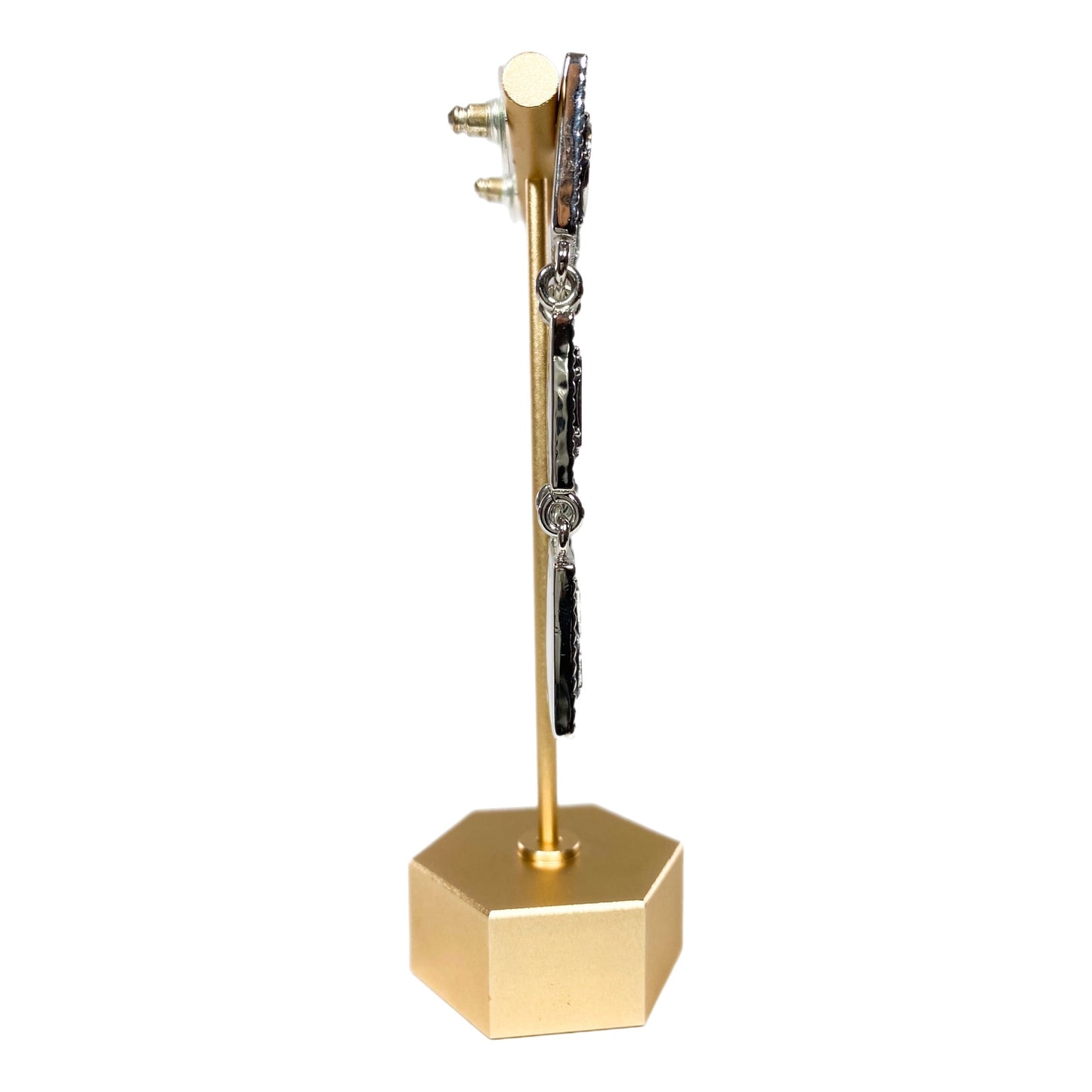 Chanel Silver Metal Tile Pierced Drop Earrings with Crystals