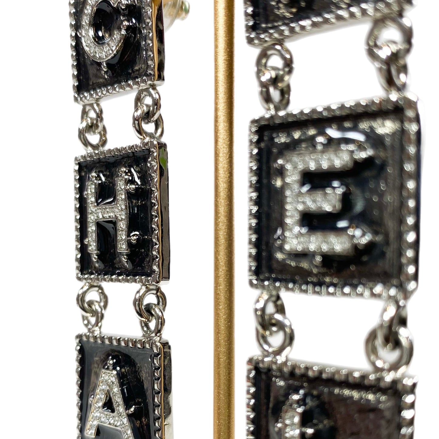 Chanel Silver Metal Tile Pierced Drop Earrings with Crystals