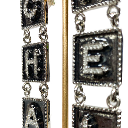Chanel Silver Metal Tile Pierced Drop Earrings with Crystals
